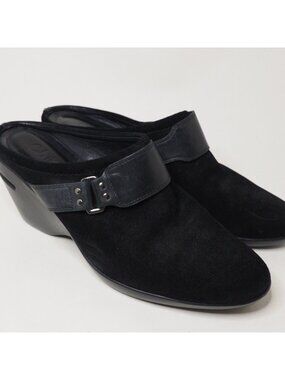 Cole Haan Black Suede Slides Skip-On Loafers W/ Buckle Detail, Size 8.5
